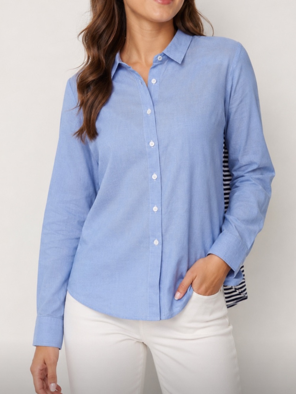 Faconnable Light Blue Button-Down Long Sleeve Shirt With Stripe Back
